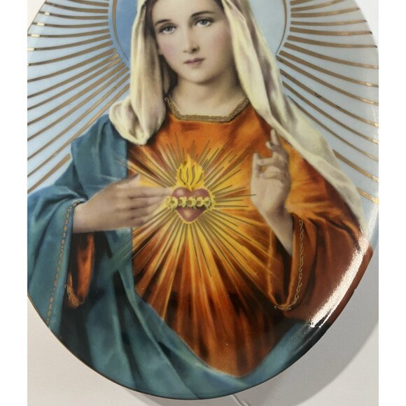 Sacred Heart of Mary Oval Decorative Plate Gold Trim Tray 6.5" x 8.5" Vintage - Picture 4 of 7